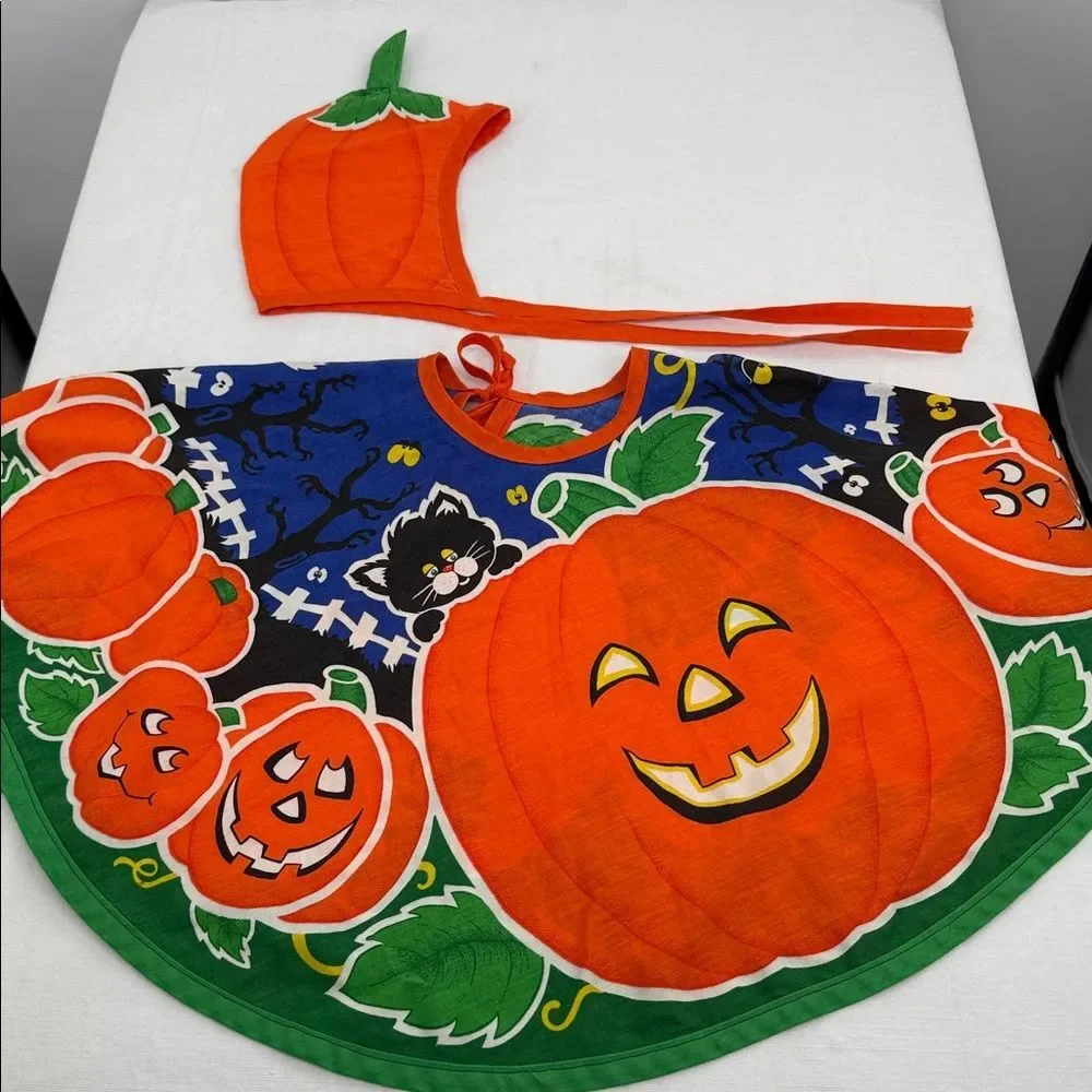 Halloween Pumpkin Patch Costume Vintage Handsewn Homemade Skirt/Cape Bonnet Cute